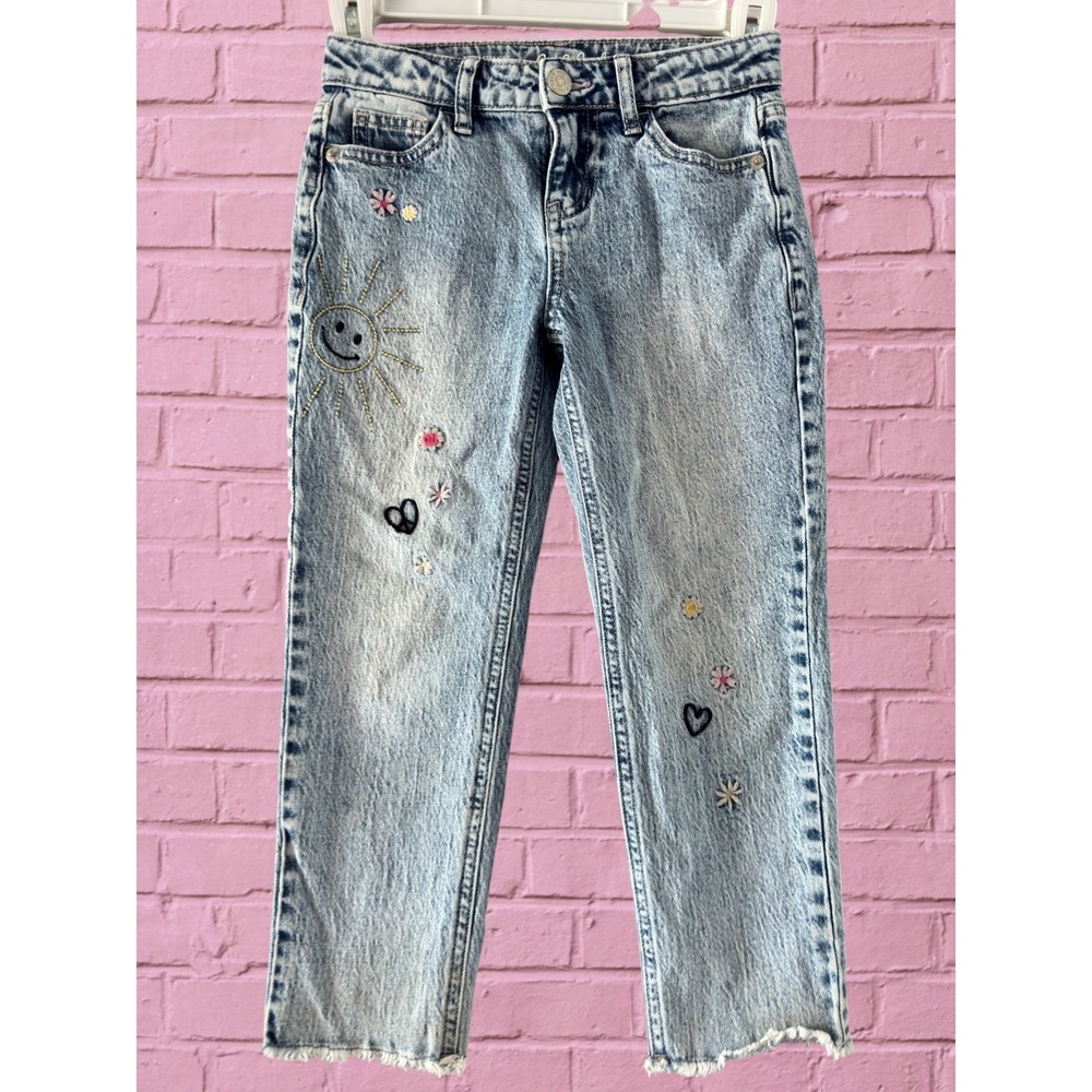 Cat & Jack Girls 6 Straight Ankle Jeans Stretch Distressed Embroidered Denim